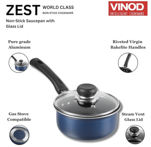 Vinod Zest Aluminium Non Stick Saucepan with Glass Lid - 1.6 litre, 16cm | Milk/Tea Pan | Sauce pot with Lid | 3mm Thick | 3 Layer Coating | Scratch Proof | 1 Year Warranty - Image 3